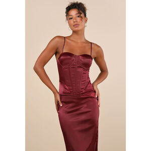 Alluring Duo Wine Satin Bustier Two-Piece Midi Dress